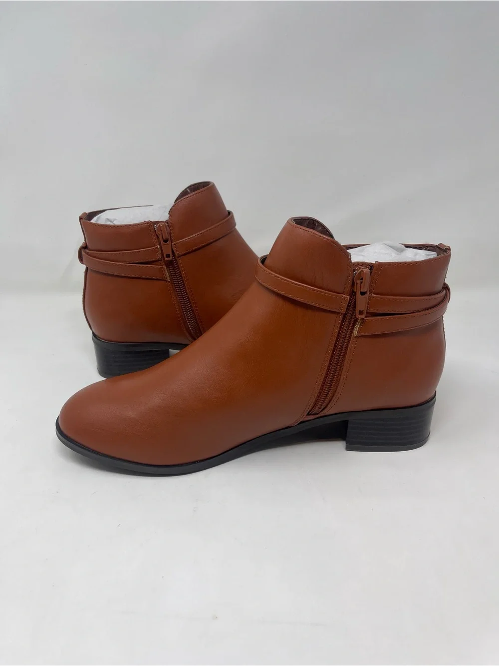 Ashro Menna Ankle Boots Womens‎ Size 8 Brown Luggage Faux Leather Buckle Zip New